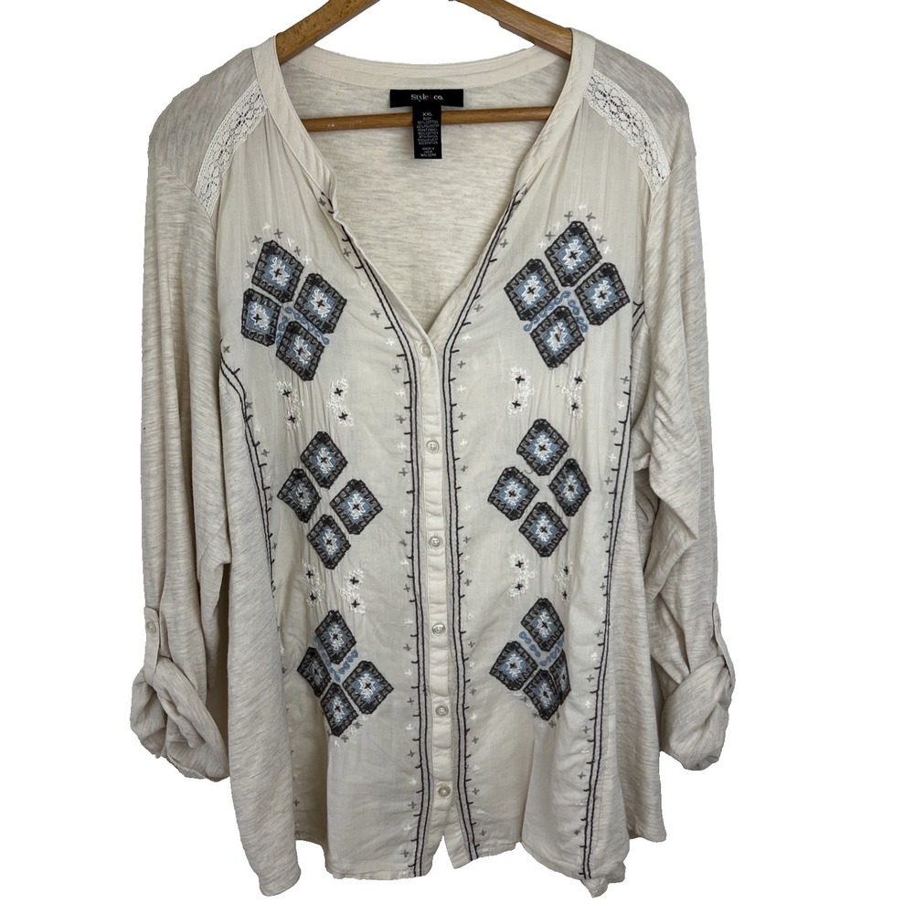 Style & Co Womens Blouse Sz XXL Lagenlook Embroidery Boho Button Up V-Neck Tunic